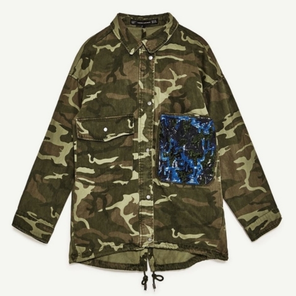 ZARA Camo Sequin Beaded Birds Jacket - Picture 3 of 16
